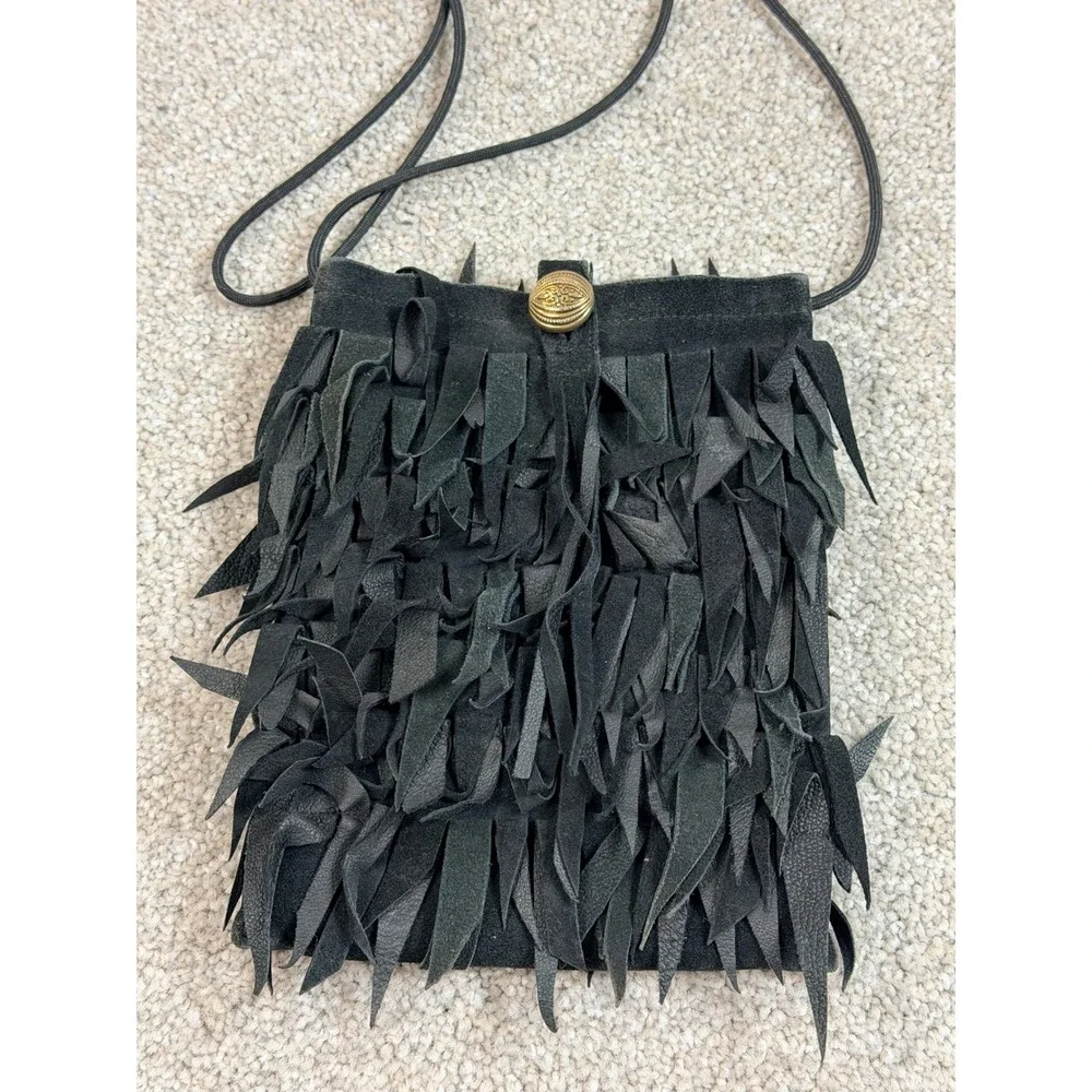Kathryn Laibson Black Suede Fringed Crossbody Bag‎ Boho Festival Button Closure